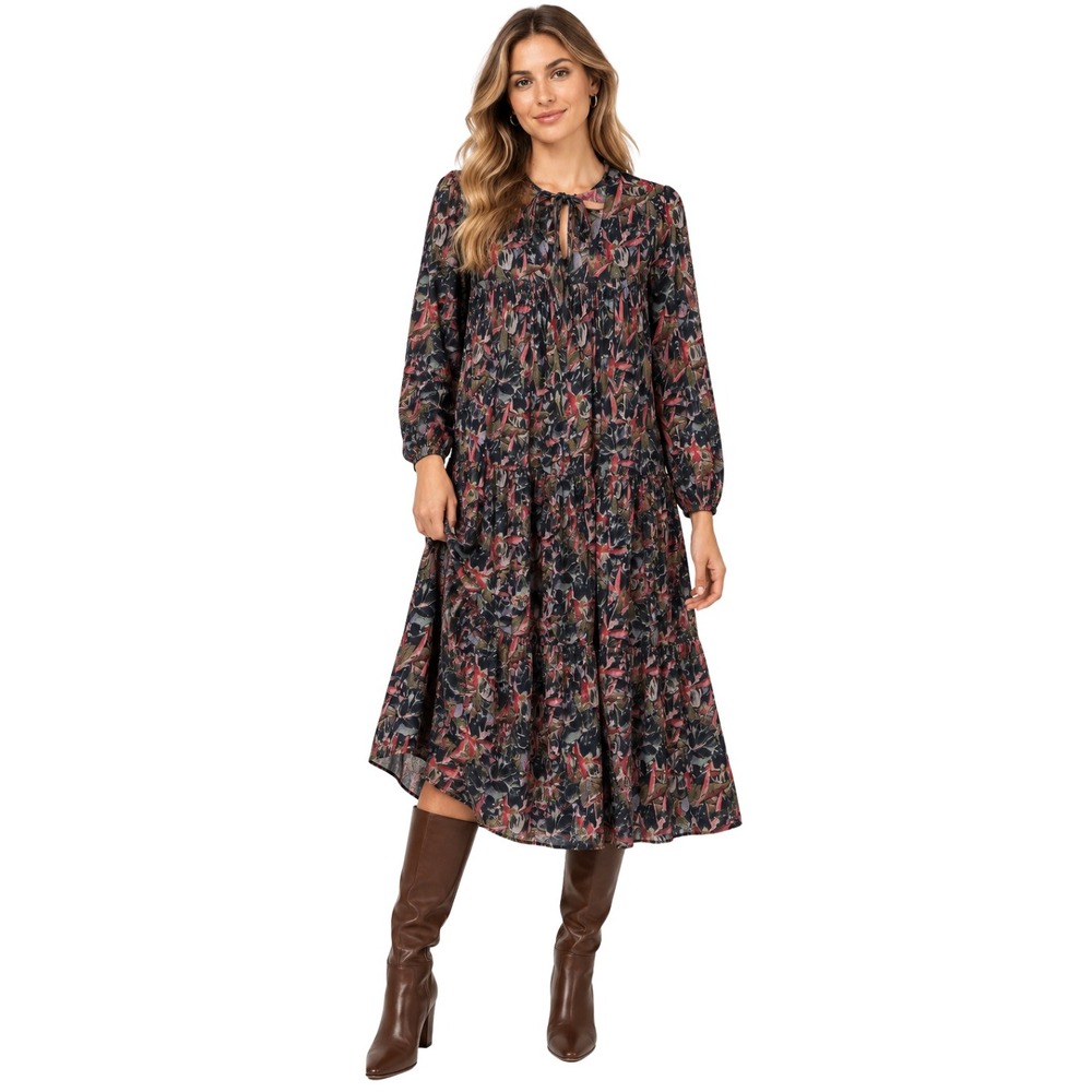 Taylor Tillman Dress Womens Small Black Pink Midi Ava Abstract Floral Tiered NWT